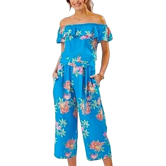 Tommy Bahama Cropped Romper Jumpsuit Sun Lilies Floral Azure Blue Ruffles M-L - Picture 3 of 12